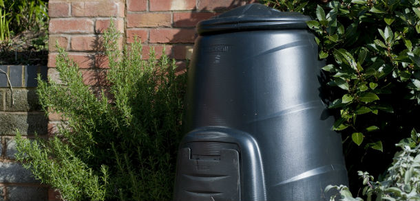 Black dalek-style home compost bin.