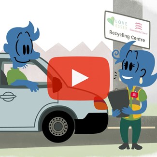 Cartoon man visiting a recycling centre in a car