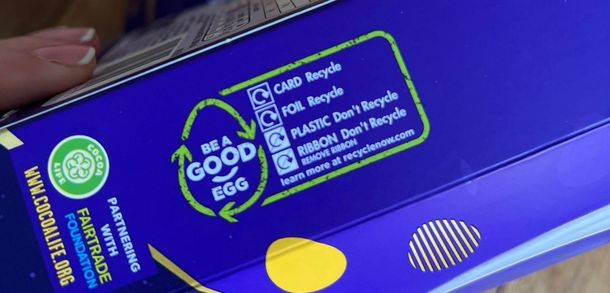 Easter egg box with recycling information label.