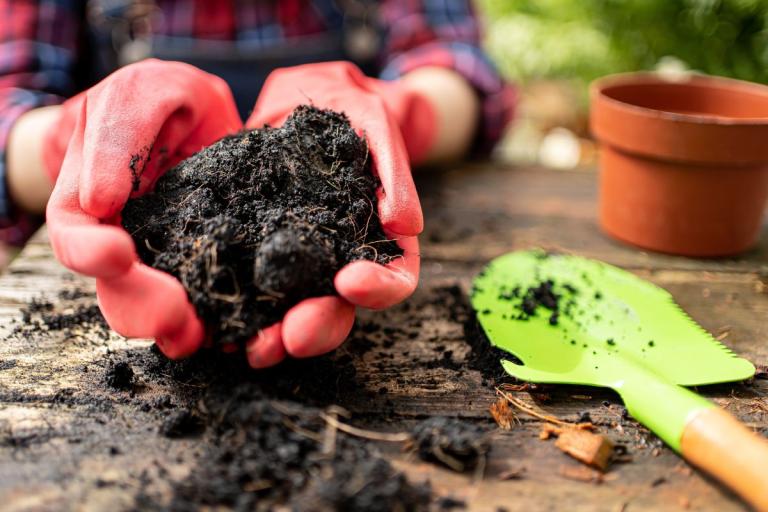 Hands holding compost with a trowel and pot.
