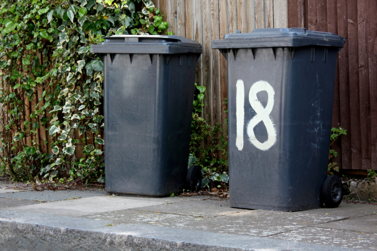Wheeled residual waste bins at kerbside.