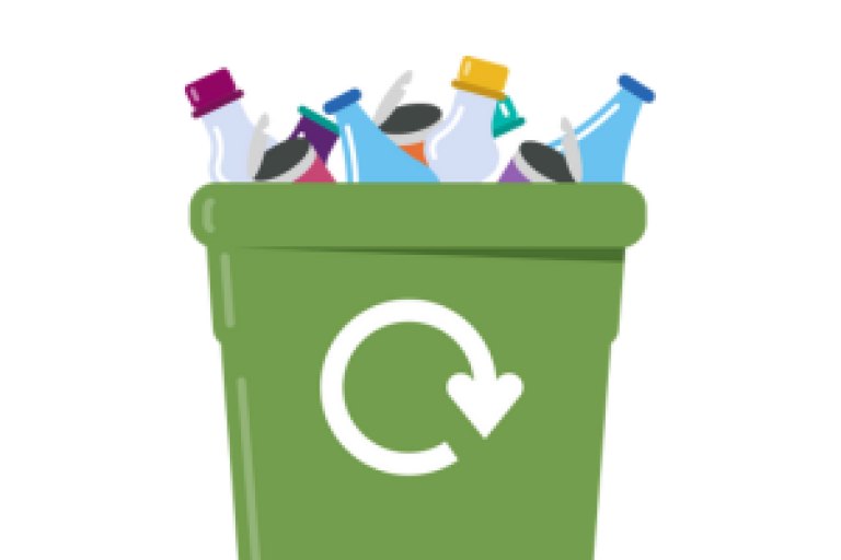 Illustration of bottles in green recycling bin.