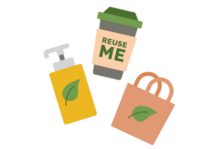 Illustration of reusable cup, bag and soap dispenser.