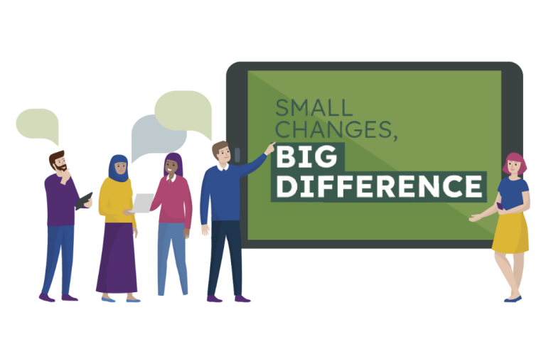 People with speech bubbles pointing to a big screen reading 'small changes, big difference'.