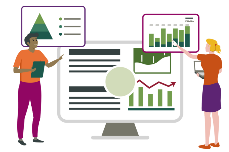 Illustration of two people looking at graphs.