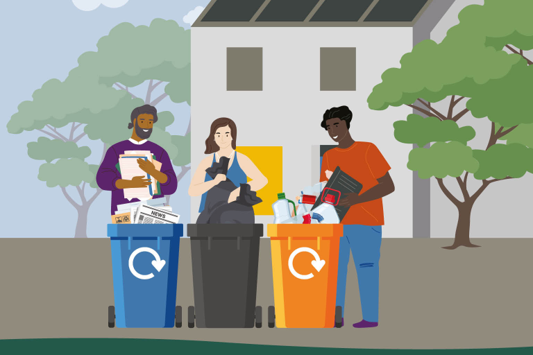 Illustrated people sorting their waste and recycling into various bins. in front of a house and trees