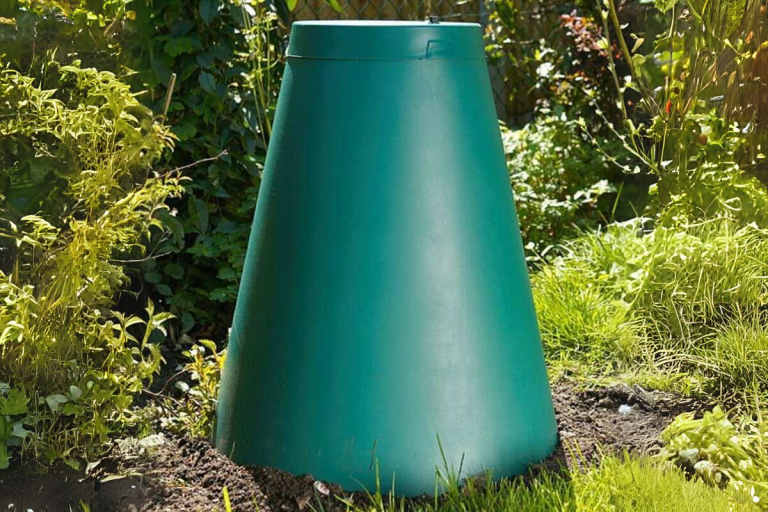 Green cone compost bin in garden.