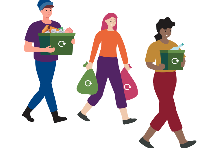 Three people carrying recycling bags.