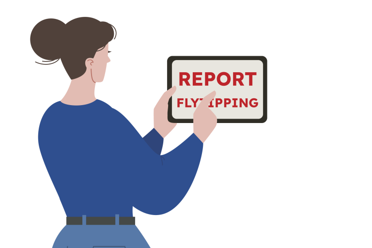 Illustration of a woman holding a tablet with the words "Report flytipping" on it.