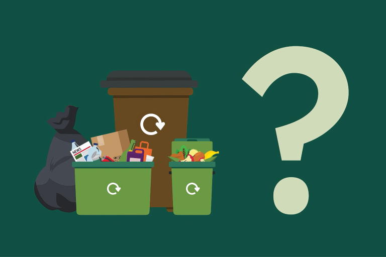 Illustration of different types of waste with a question mark.