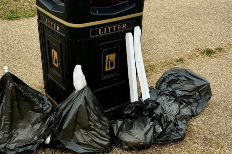 Black rubbish bags by the side of a litter bin.