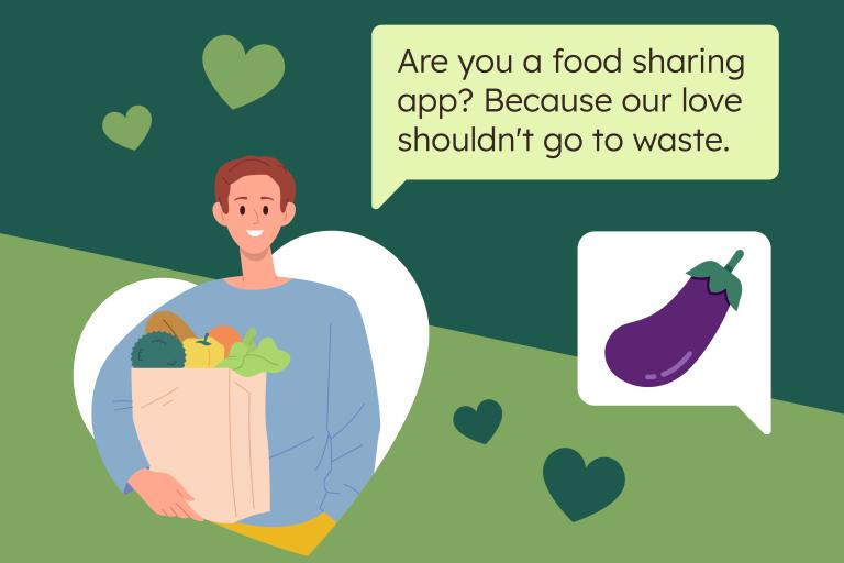 Illustration of person holding paper bag filled with fresh food. Speech bubble reads 'Are you a food sharing app? Because our love shouldn't go to waste.'