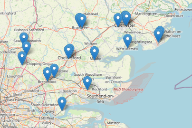A map of Essex with blue pins showing the location of local furniture projects.