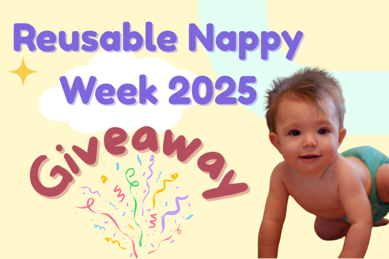 Text reads, ‘Reusable Nappy Week, Giveaway’. A picture of a happy baby crawling wearing a green cloth nappy is in the right bottom corner. The word ‘Giveaway’, is surrounded by illustrations which look like confetti.