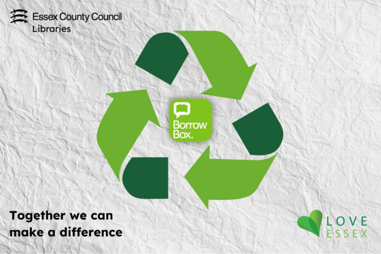 Green recycling logo around the BorrowBox logo on a background of crumpled paper.