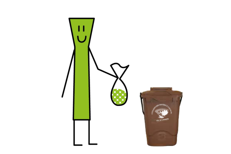 Green man emptying food waste into brown caddy