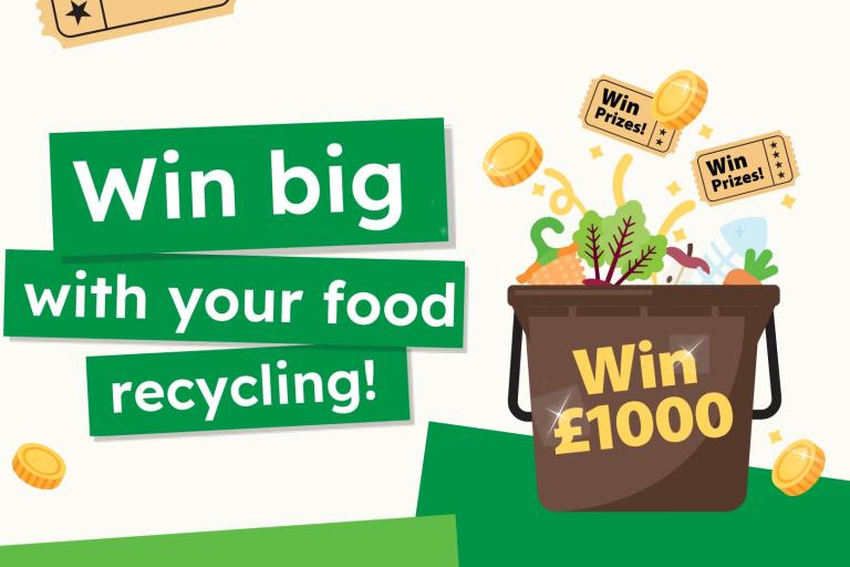 Green boxes with "win big with your food recycling" inside. To the right is a brown food caddy with food, coins and raffle tickets coming out of it. On the caddy it says "Win £1000"