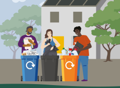 Illustrated people sorting their waste and recycling into coloured containers in front of a house and trees.