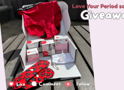 An open box with a range of period products including reusable period pads, pants and period cup as well as disposable tampons and liners and resources.