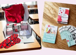 A period education kit including reusable and disposable products, booklets and resources within a classroom. 