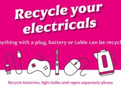 Pink background with icons of small electrical items, with the text reading "Recycle your electricals. Anything with a plug, battery or cable can be recycled. Recycle batteries, light bulbs and vapes separately please.".