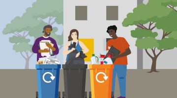 Illustrated people sorting their waste and recycling into coloured containers in front of a house and trees.