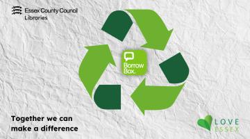Green recycling symbol around the BorrowBox logo, on a crumpled paper background.