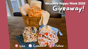  Text reads, ‘Reusable Nappy Week, Giveaway’. A photograph of a basket of cloth nappy items including, nappies, wipes and liners. The basket is sat on a kitchen counter. The words ‘like, comment and follow are at the bottom of the photo.