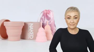 A photograph of a Unicorn Cup (menstrual cup) kit including a collapsable sterilizing pot, a cylindical shaped box, two diferent sized menstrual cups and a pink silk looking bag. The products are all neutral coloured. On the right is a photo of Julie Fyfe, the founder and owner of Unicorn Cup. 