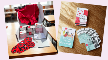 A period education kit including reusable and disposable products, booklets and resources within a classroom. 