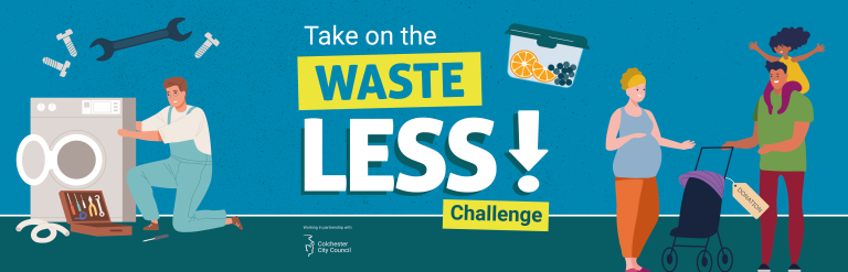 Text of Take on the Waste Less Challenge on a blue background with illustrations.