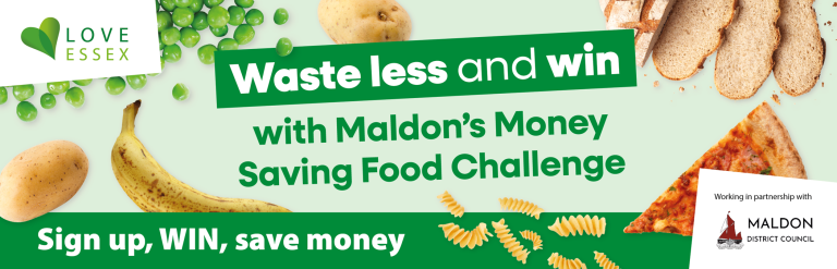 Words on this banner read: "Waste less and win with Maldon's Money Saving Food Challenge"