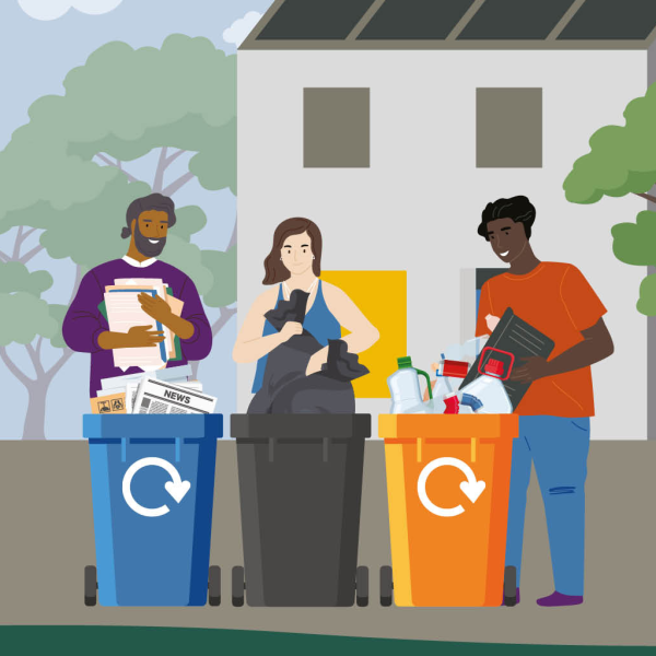 Illustrated people sorting their waste and recycling into coloured containers in front of a house and trees.