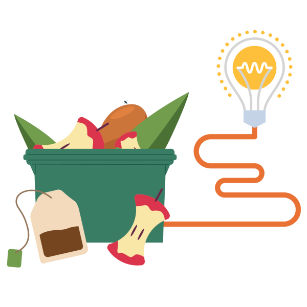 Full food caddy powering a lightbulb.