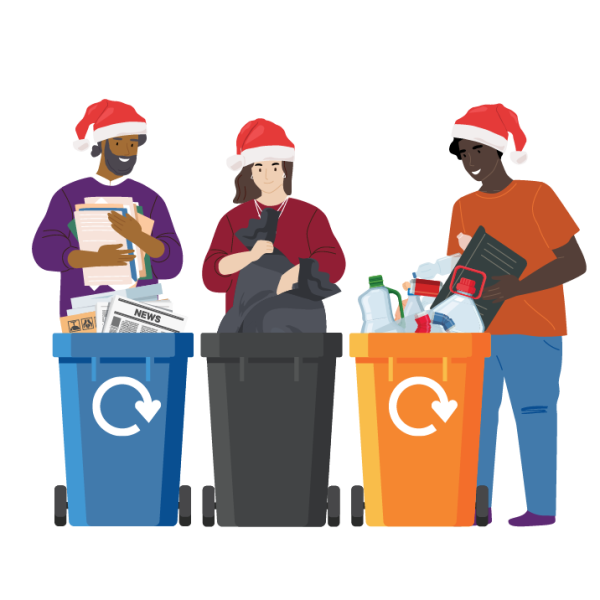 Three illustrated people with christmas hats on disposing of their items in the relevant receptacles.